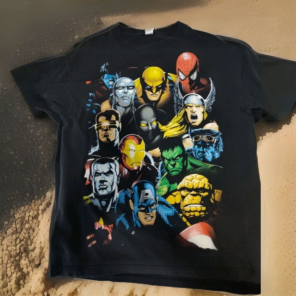 Marvel Superheroes Shirt Mad Engine Comic Book Black L Spiderman Wolverine 1293